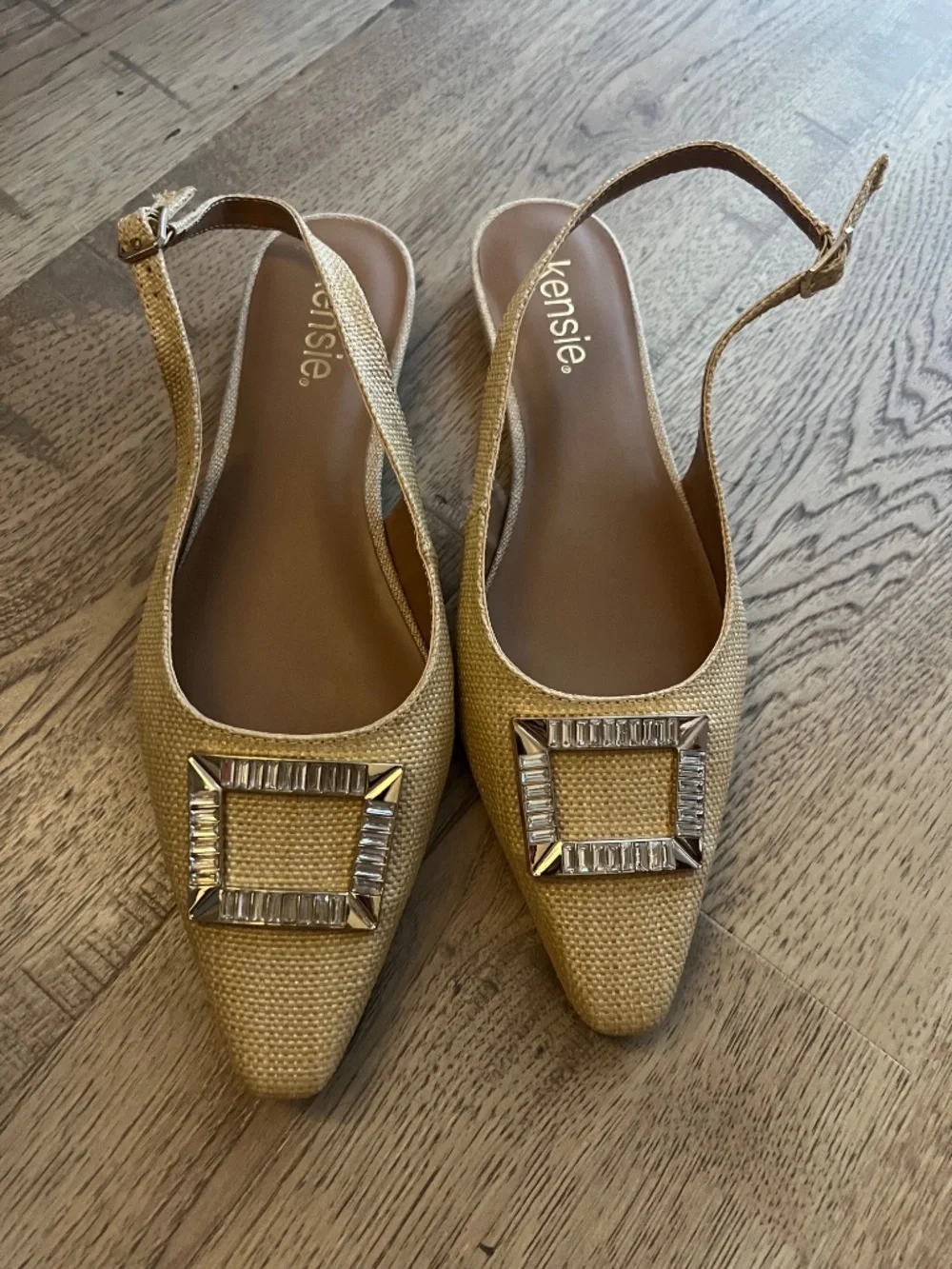 Kensie Woven Slingback Flats Rhinestone Buckle Neutral Tan Estimated Size 8M